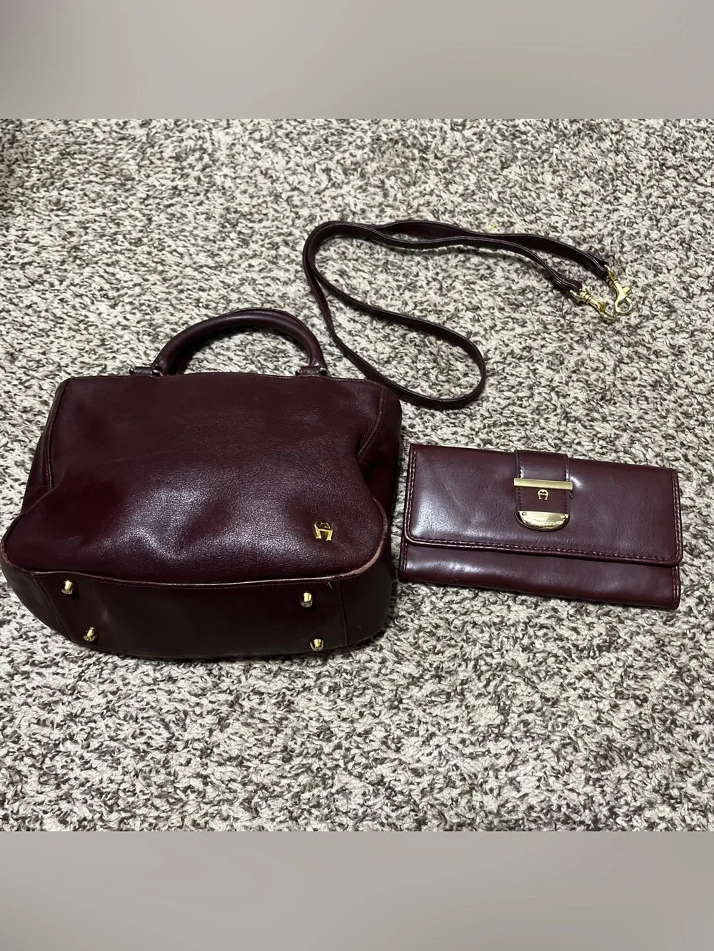 Structured Burgundy Leather Satchel with Matching Wallet In a good Condition